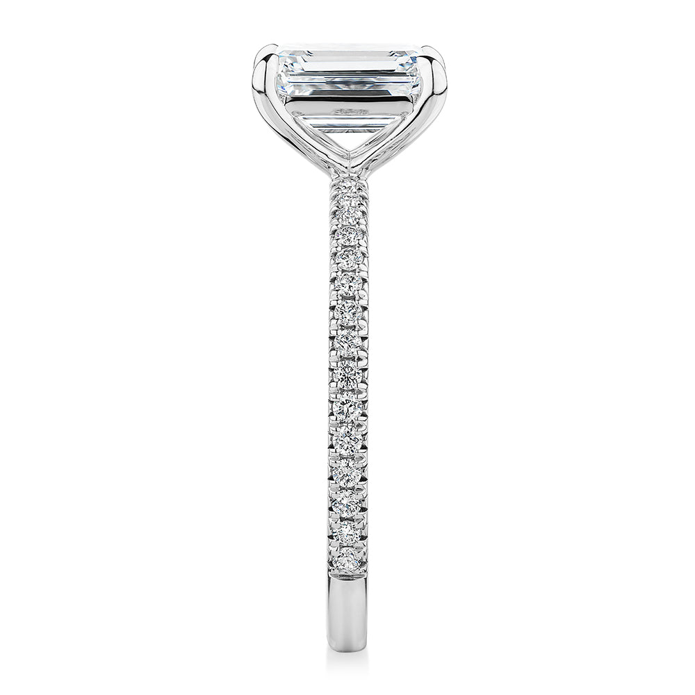 Signature Simulant Diamond 1.74 carat* TW emerald cut and round brilliant shouldered engagement ring in 14 carat white gold