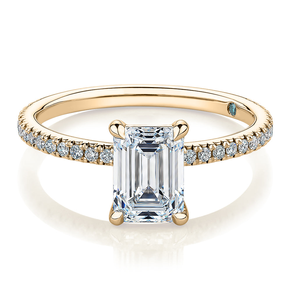 Premium Certified Laboratory Created Diamond, 1.74 carat TW emerald cut and round brilliant shouldered engagement ring in 18 carat yellow gold