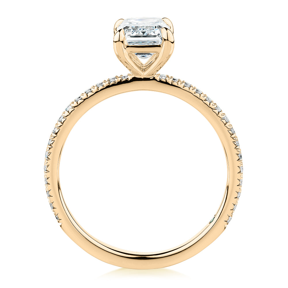 Premium Certified Laboratory Created Diamond, 1.74 carat TW emerald cut and round brilliant shouldered engagement ring in 18 carat yellow gold