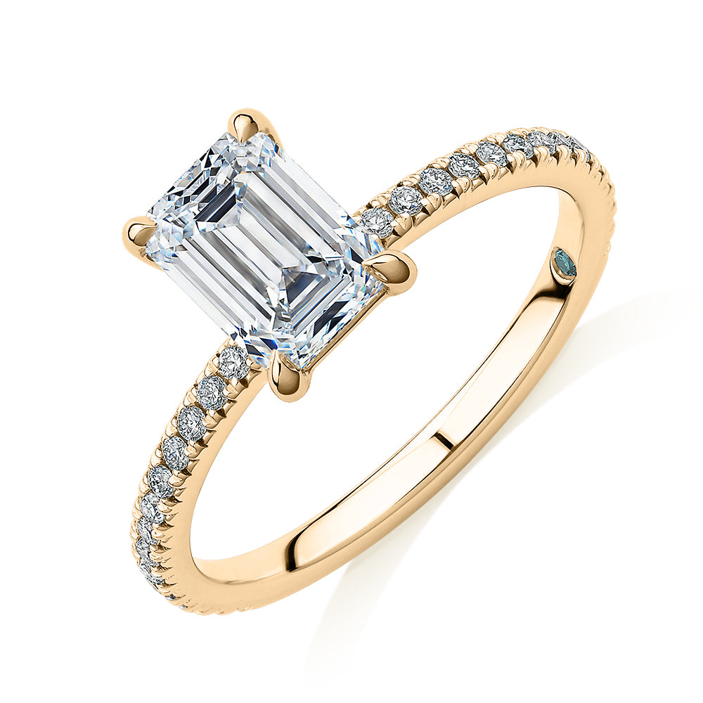 Premium Certified Laboratory Created Diamond, 1.74 carat TW emerald cut and round brilliant shouldered engagement ring in 14 carat yellow gold