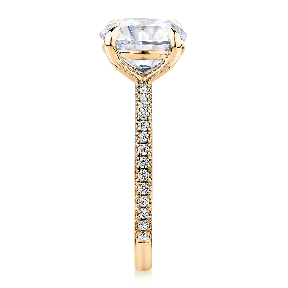 Premium Certified Lab-Grown Diamond, 3.24 carat TW round brilliant shouldered engagement ring in 14 carat yellow gold
