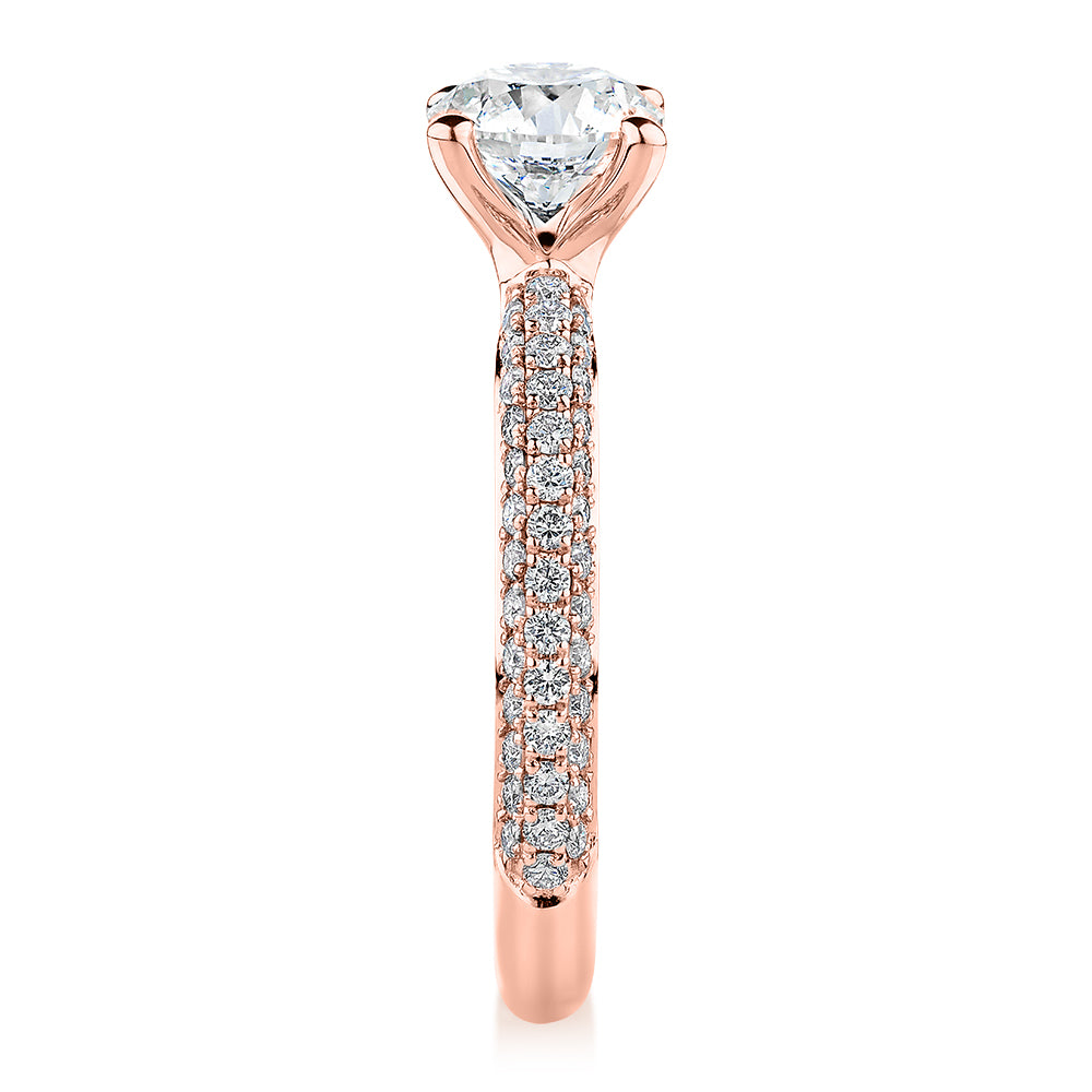 Signature Simulant Diamond 1.62 carat* TW round brilliant shouldered solitaire engagement ring in 14 carat rose and white gold