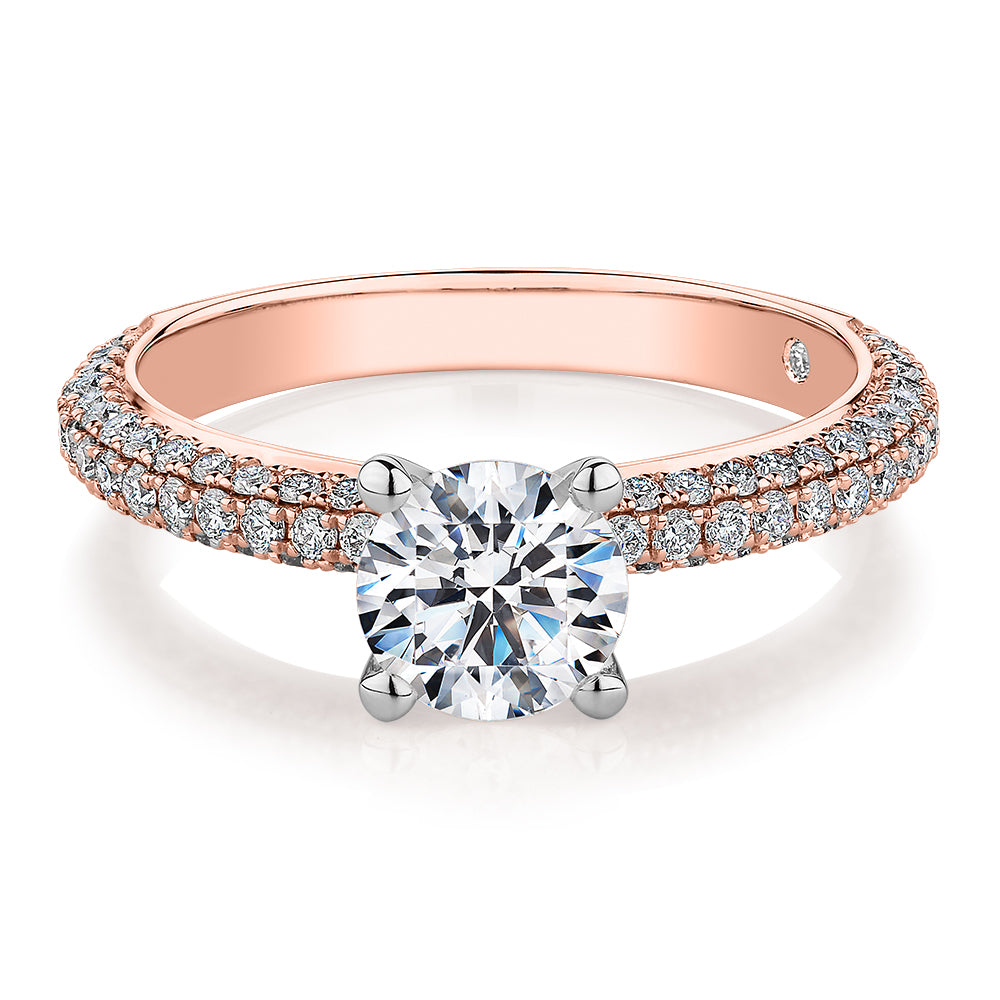 Signature Simulant Diamond 1.62 carat* TW round brilliant shouldered solitaire engagement ring in 14 carat rose and white gold