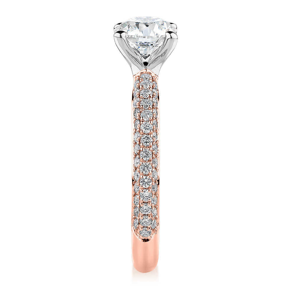 Signature Simulant Diamond 1.62 carat* TW round brilliant shouldered solitaire engagement ring in 14 carat rose and white gold