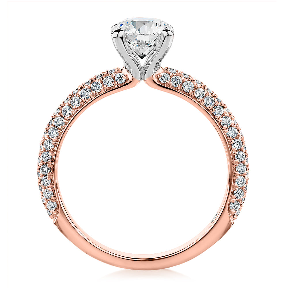 Signature Simulant Diamond 1.62 carat* TW round brilliant shouldered solitaire engagement ring in 14 carat rose and white gold