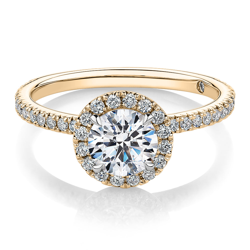 Signature Simulant Diamond 1.40 carat* TW round brilliant halo engagement ring in 14 carat yellow and white gold