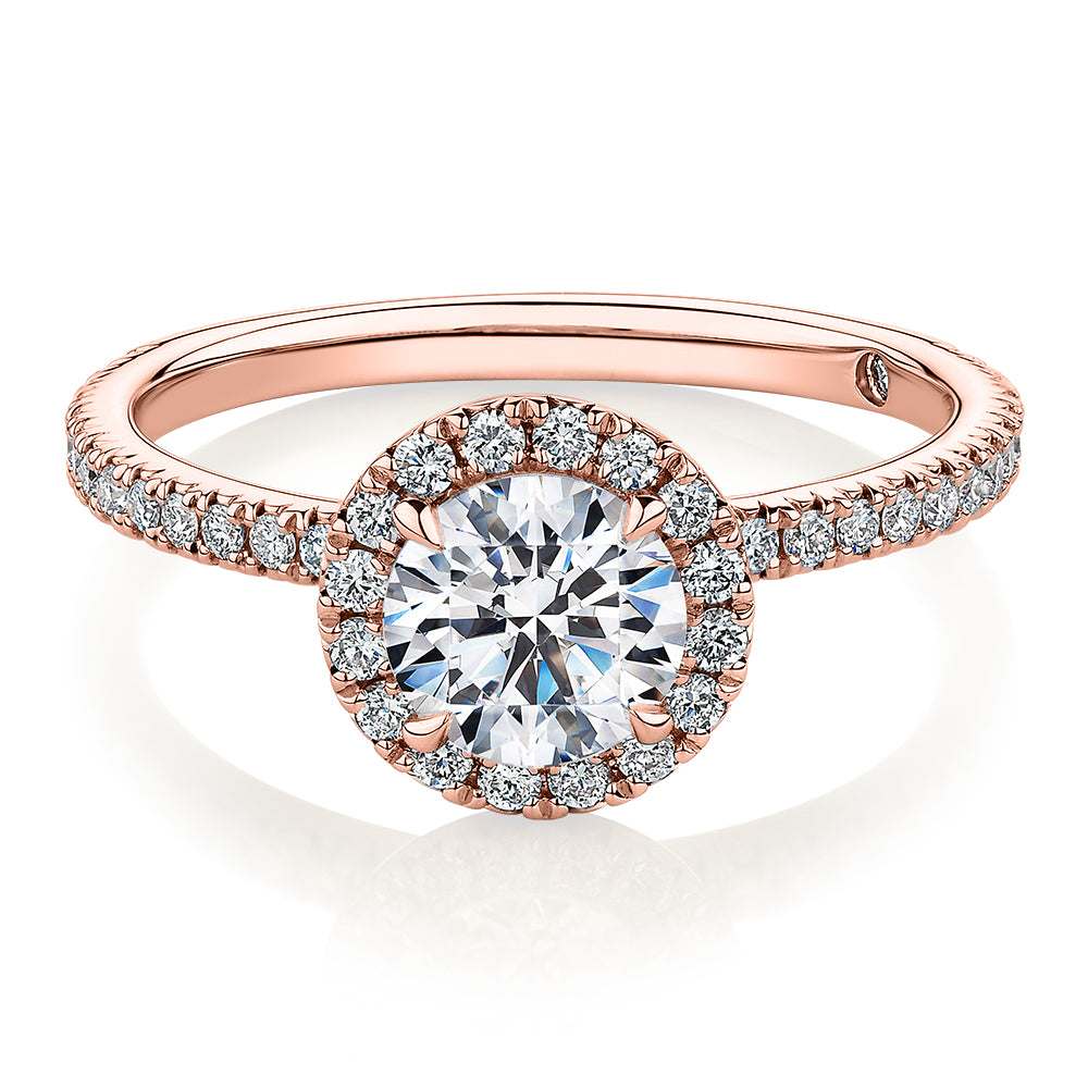 Signature Simulant Diamond 1.40 carat* TW round brilliant halo engagement ring in 14 carat rose gold