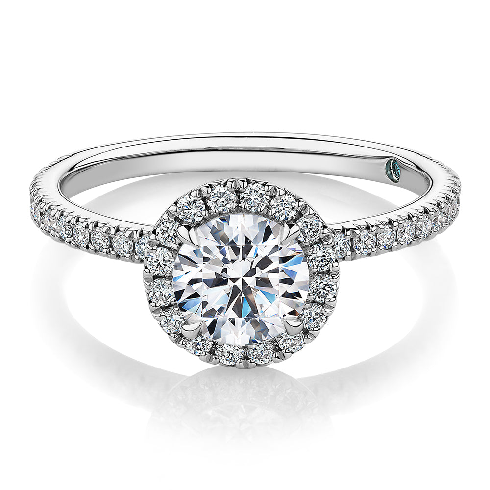 Premium Certified Laboratory Created Diamond, 1.40 carat TW round brilliant halo engagement ring in 18 carat white gold
