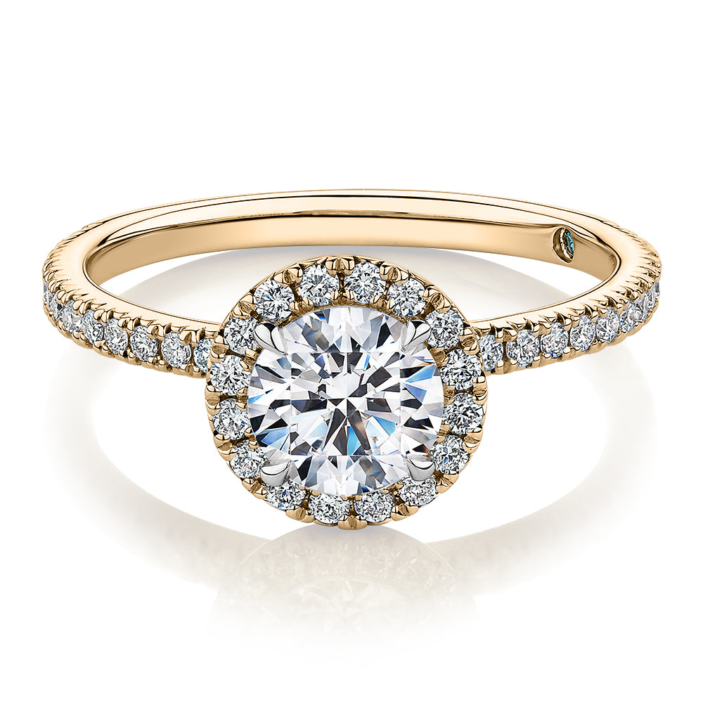 Premium Certified Laboratory Created Diamond, 1.40 carat TW round brilliant halo engagement ring in 18 carat yellow gold