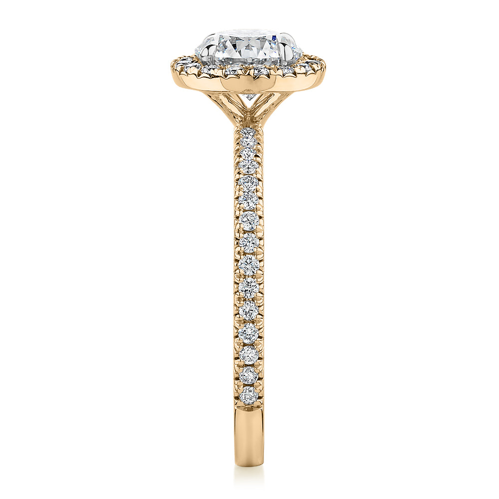 Premium Certified Laboratory Created Diamond, 1.40 carat TW round brilliant halo engagement ring in 14 carat yellow gold