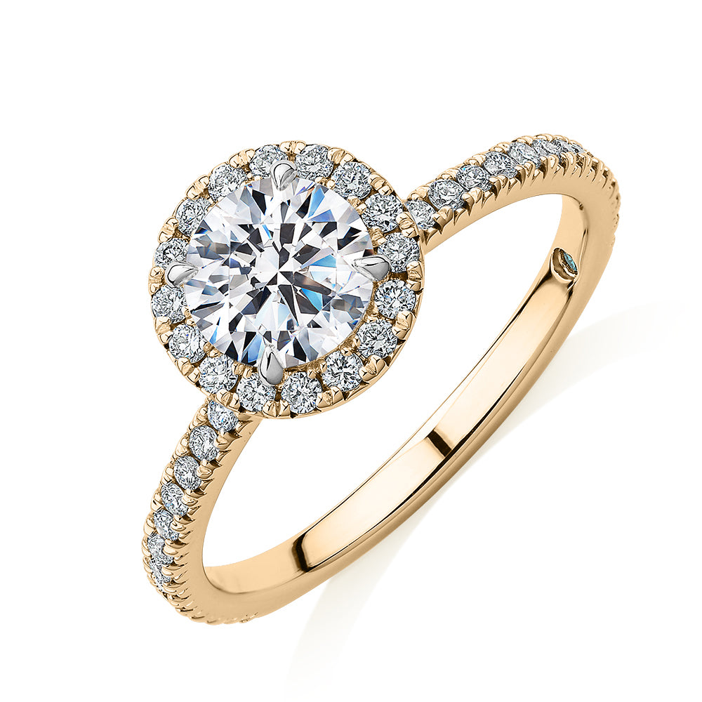 Premium Certified Laboratory Created Diamond, 1.40 carat TW round brilliant halo engagement ring in 18 carat yellow gold