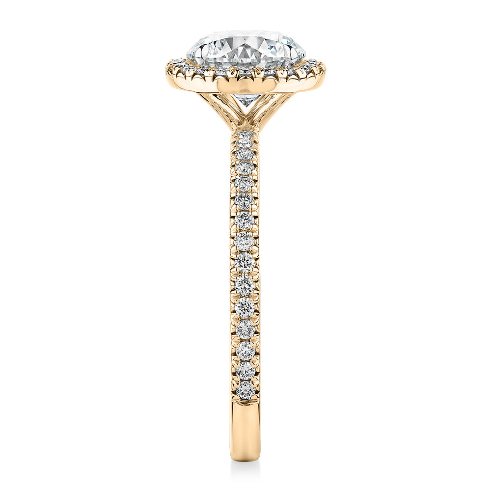 Signature Simulant Diamond 1.88 carat* TW round brilliant halo engagement ring in 14 carat yellow and white gold