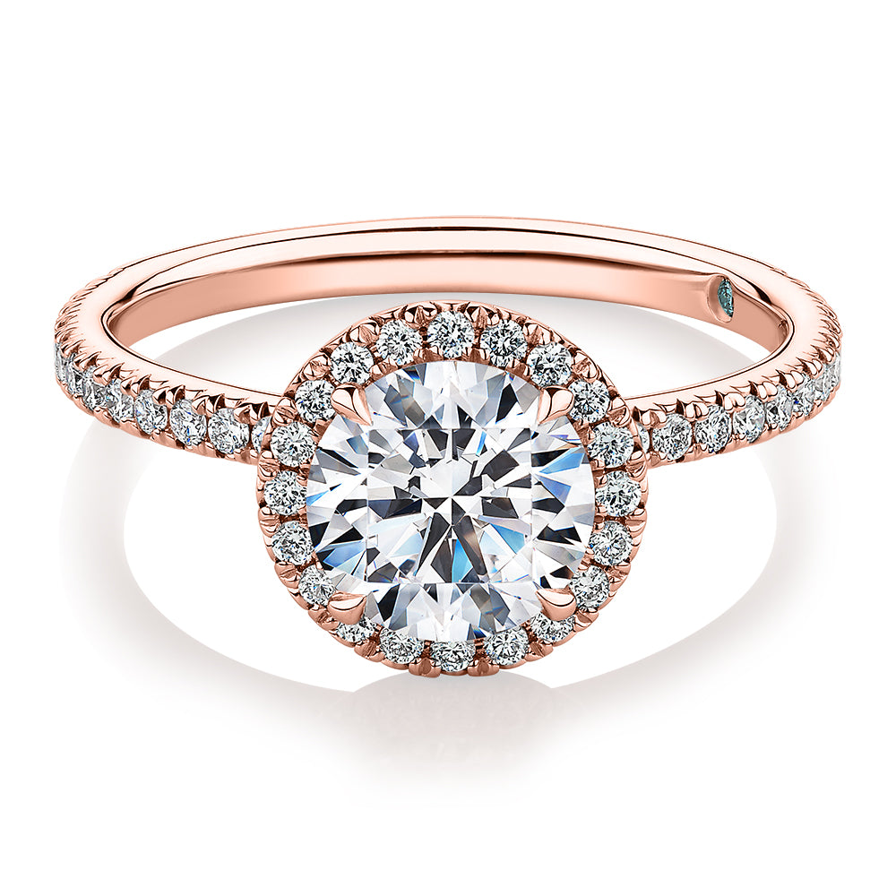 Premium Certified Laboratory Created Diamond, 1.88 carat TW round brilliant halo engagement ring in 18 carat rose gold