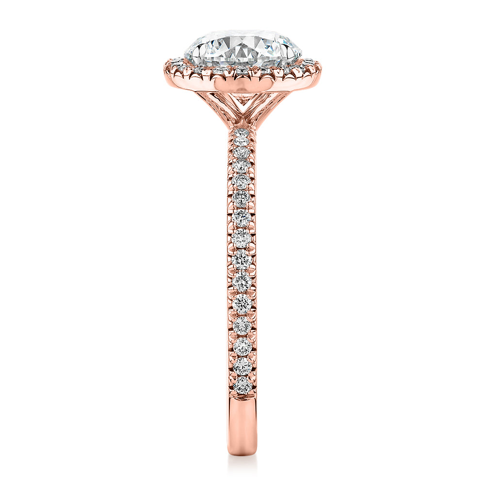 Premium Certified Laboratory Created Diamond, 1.88 carat TW round brilliant halo engagement ring in 14 carat rose gold