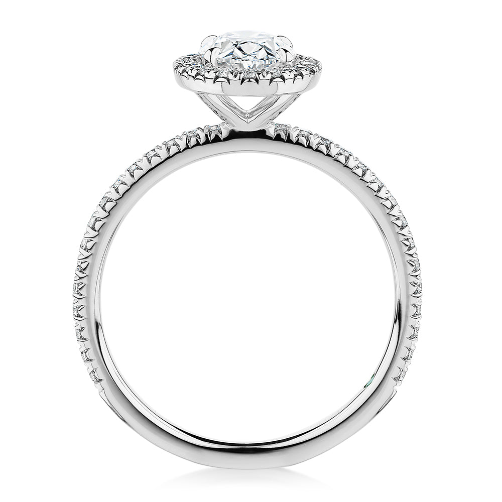 Premium Certified Laboratory Created Diamond, 1.37 carat TW oval and round brilliant halo engagement ring in 18 carat white gold