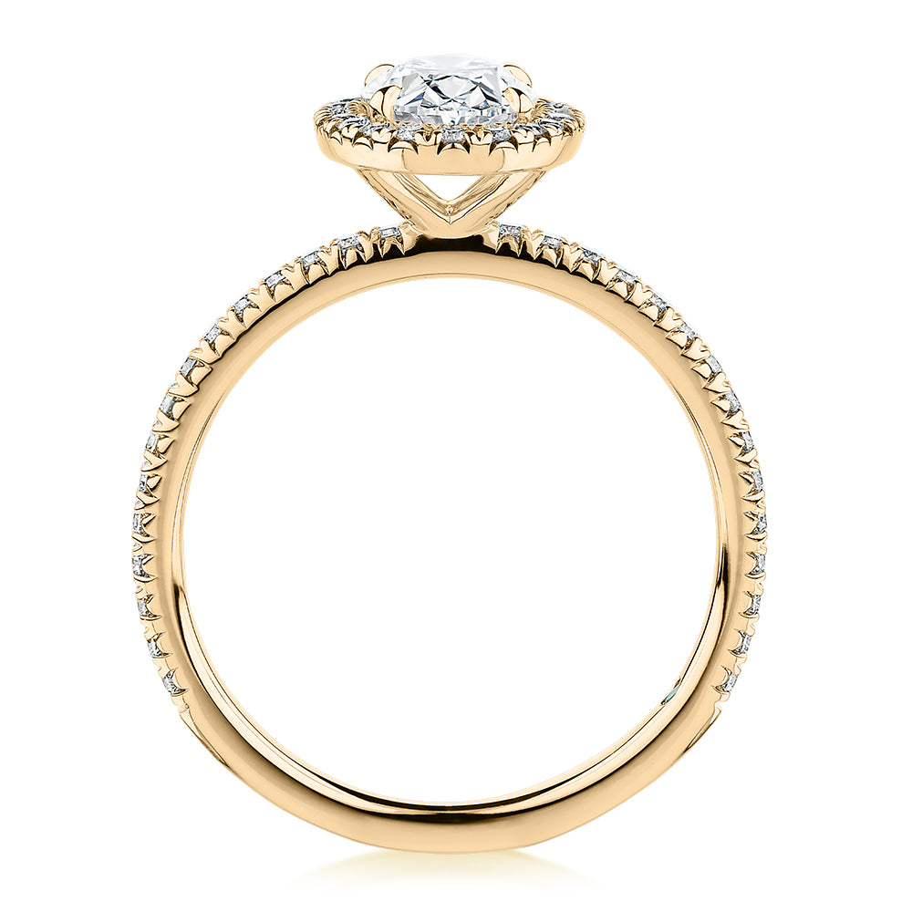 Premium Certified Laboratory Created Diamond, 1.37 carat TW oval and round brilliant halo engagement ring in 14 carat yellow gold