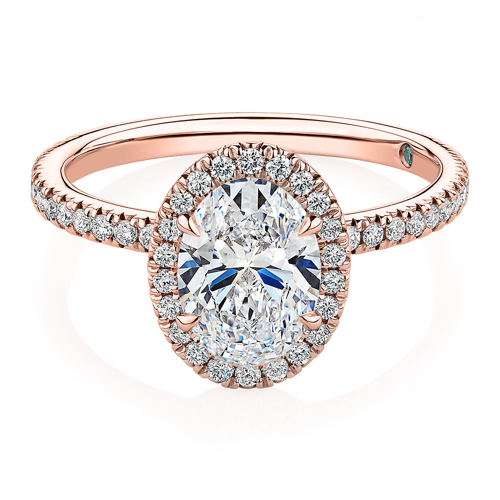 Premium Certified Laboratory Created Diamond, 1.89 carat TW oval and round brilliant halo engagement ring in 14 carat rose gold