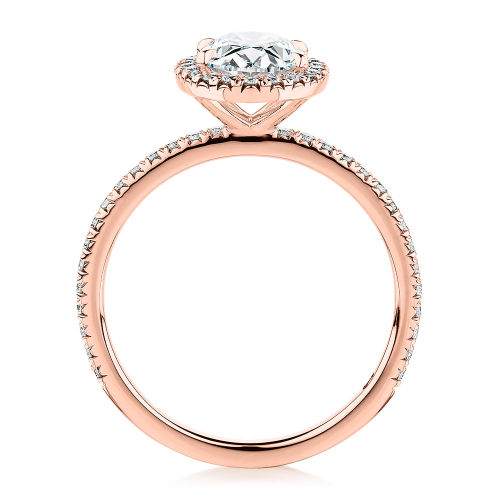 Premium Certified Laboratory Created Diamond, 1.89 carat TW oval and round brilliant halo engagement ring in 18 carat rose gold