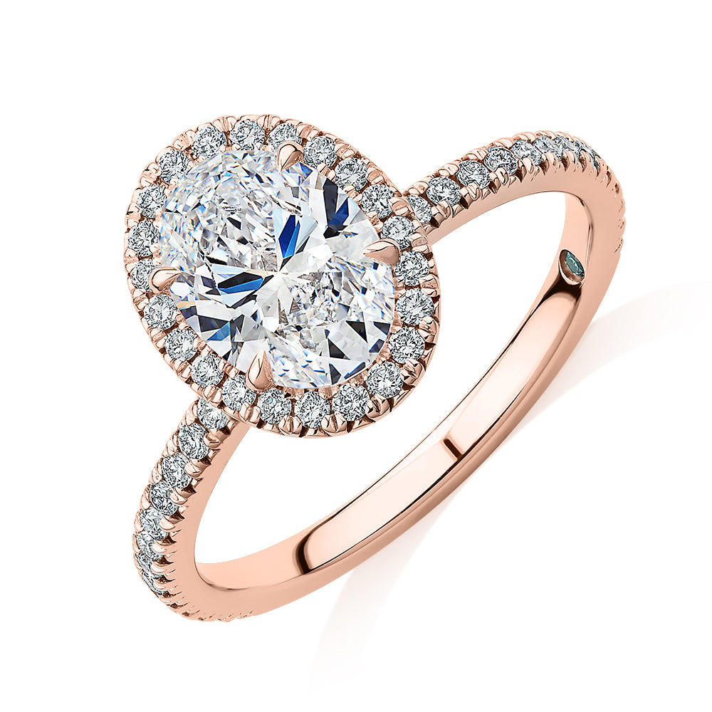 Premium Certified Laboratory Created Diamond, 1.89 carat TW oval and round brilliant halo engagement ring in 14 carat rose gold