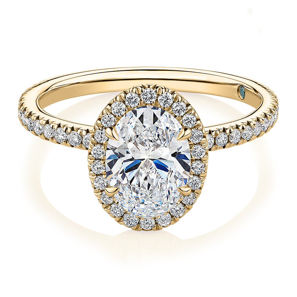 Premium Certified Lab Grown Diamond 1.89 carat TW oval and round brilliant halo engagement ring in 14 carat yellow gold