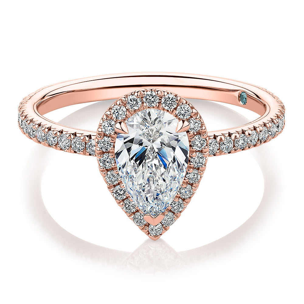 Premium Certified Laboratory Created Diamond, 1.37 carat TW pear and round brilliant halo engagement ring in 18 carat rose gold
