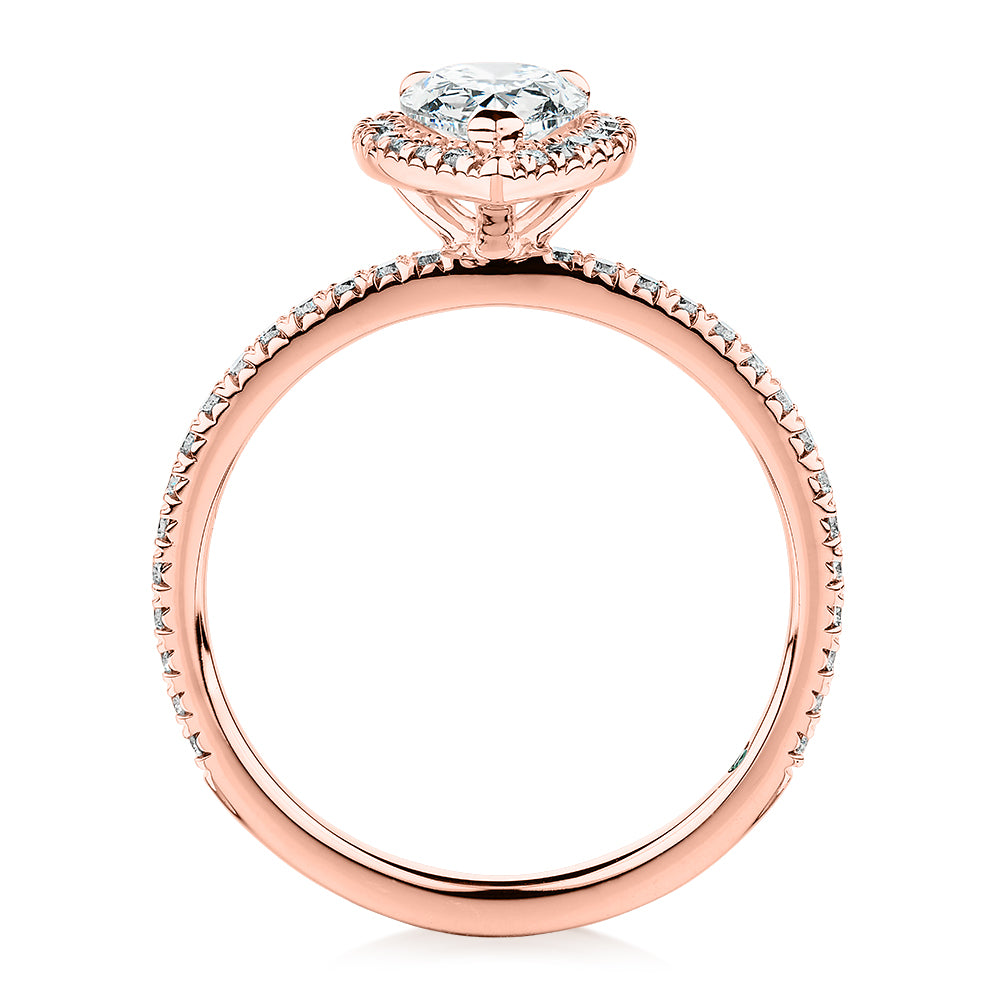 Premium Certified Laboratory Created Diamond, 1.37 carat TW pear and round brilliant halo engagement ring in 18 carat rose gold