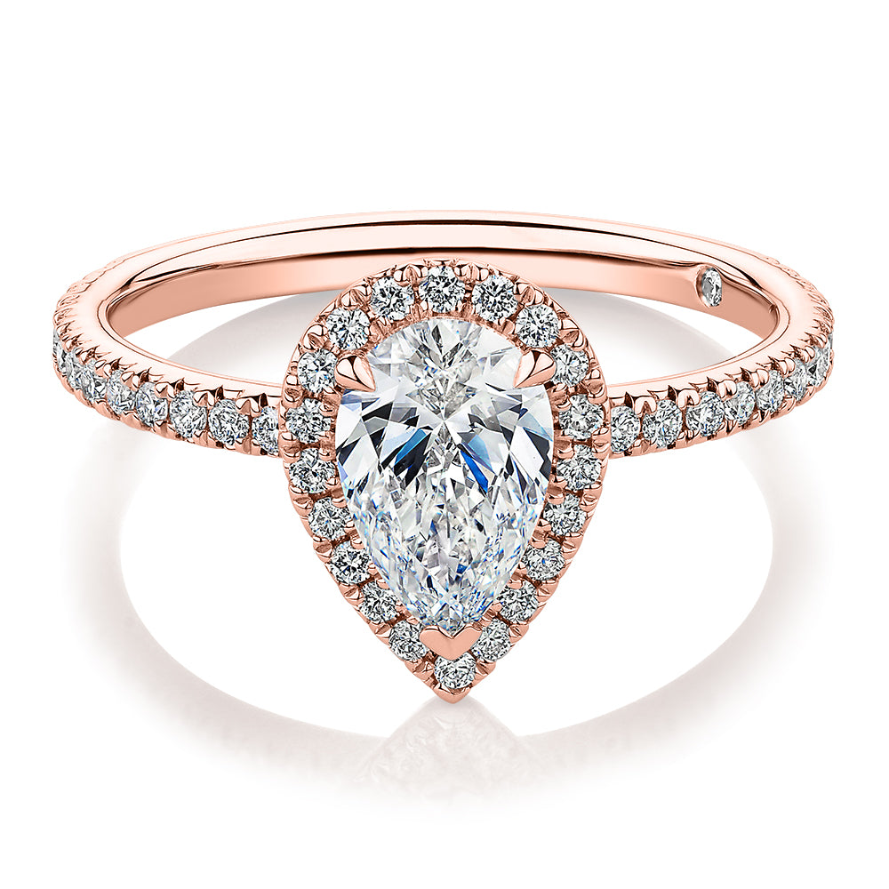 Signature Simulant Diamond 1.37 carat* TW pear and round brilliant halo engagement ring in 14 carat rose gold