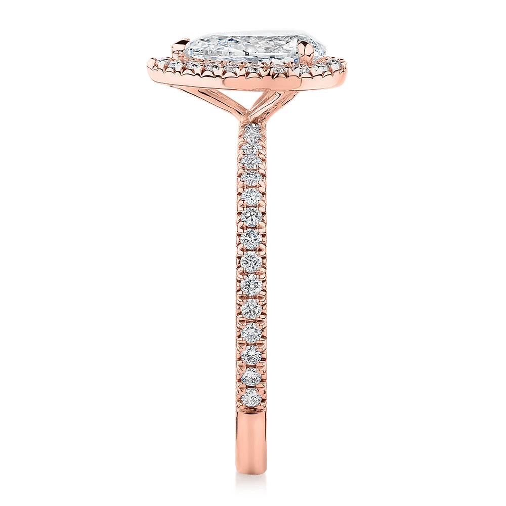 Signature Simulant Diamond 1.37 carat* TW pear and round brilliant halo engagement ring in 14 carat rose gold