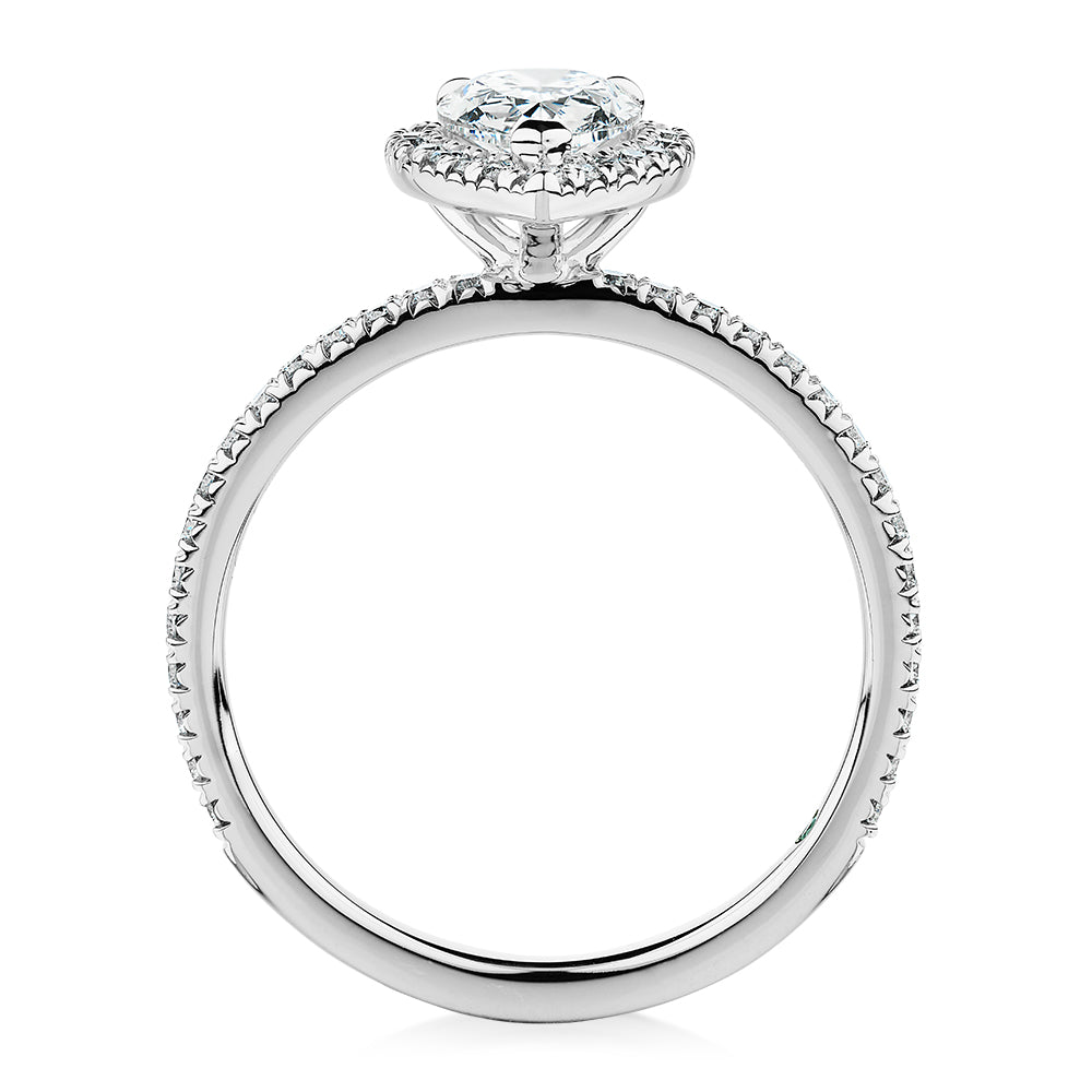 Premium Certified Laboratory Created Diamond, 1.37 carat TW pear and round brilliant halo engagement ring in platinum