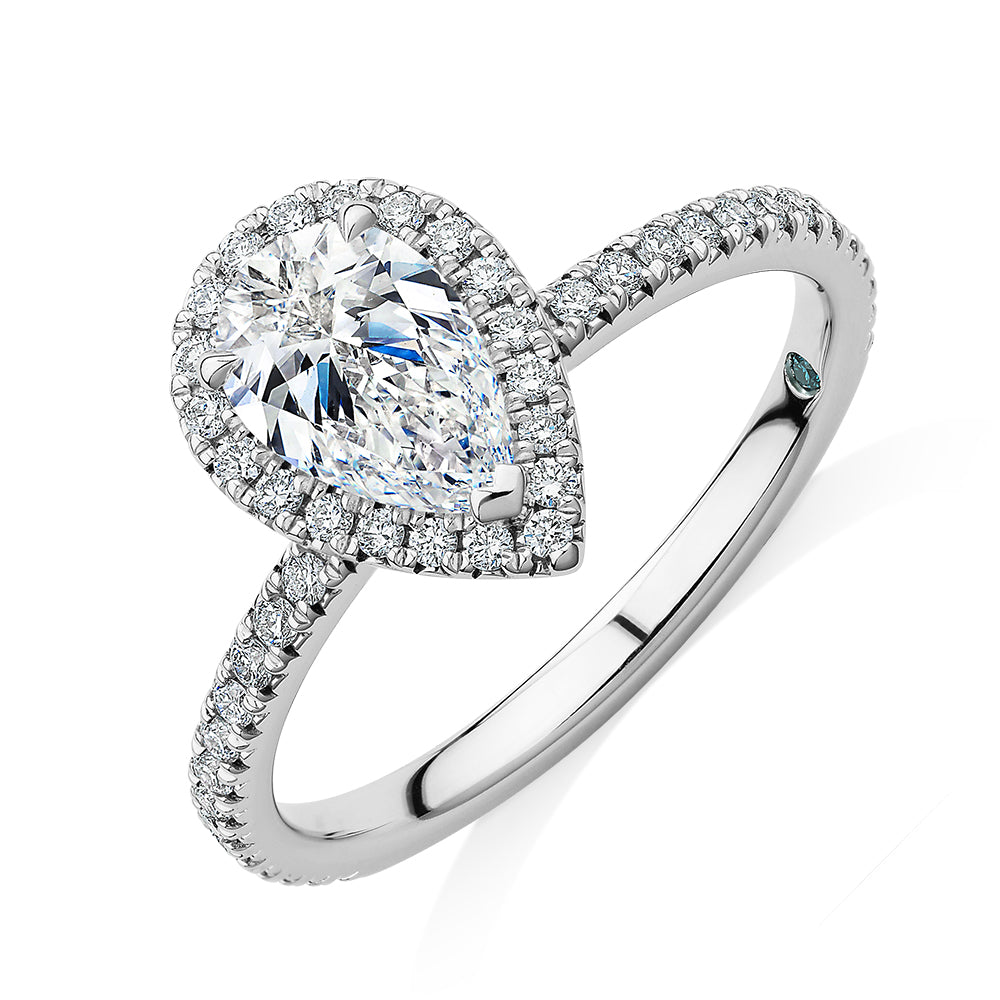 Premium Certified Laboratory Created Diamond, 1.37 carat TW pear and round brilliant halo engagement ring in platinum