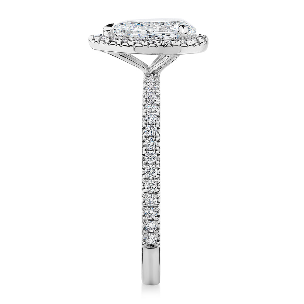Signature Simulant Diamond 1.37 carat* TW pear and round brilliant halo engagement ring in 14 carat white gold