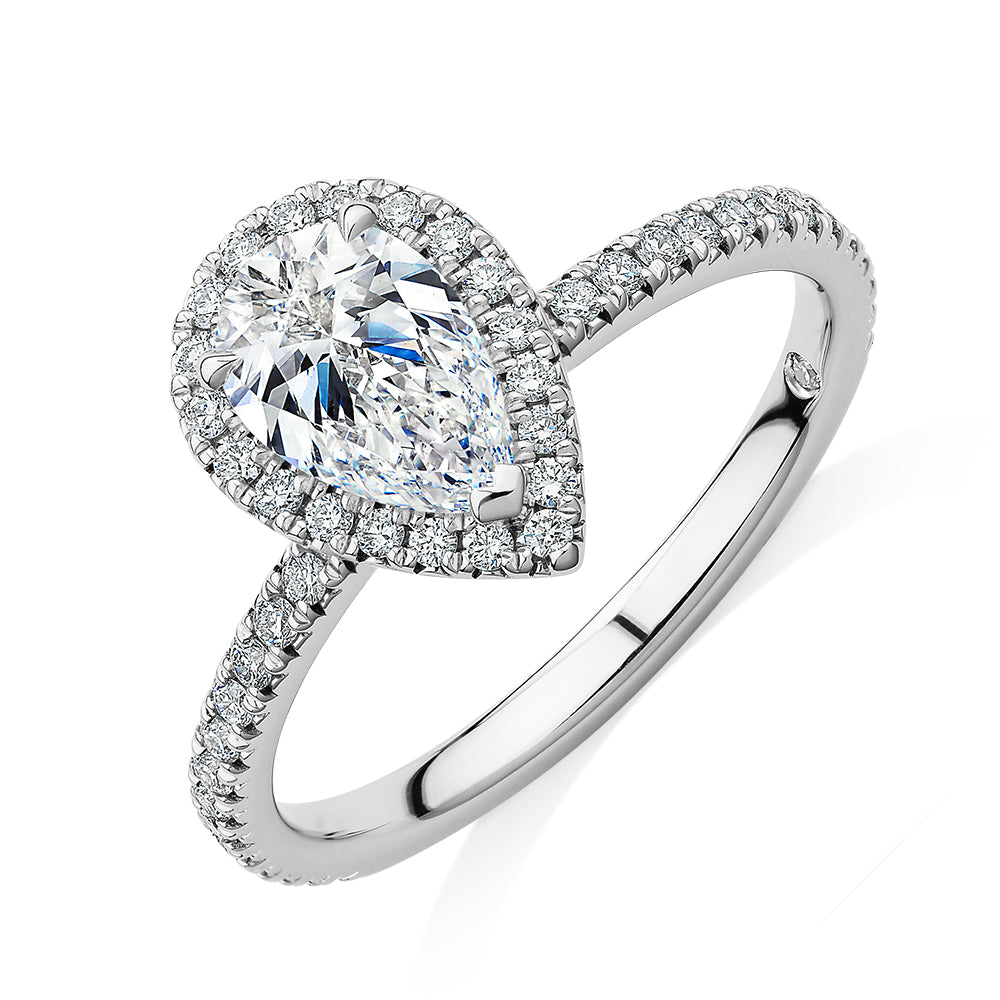Signature Simulant Diamond 1.37 carat* TW pear and round brilliant halo engagement ring in 14 carat white gold