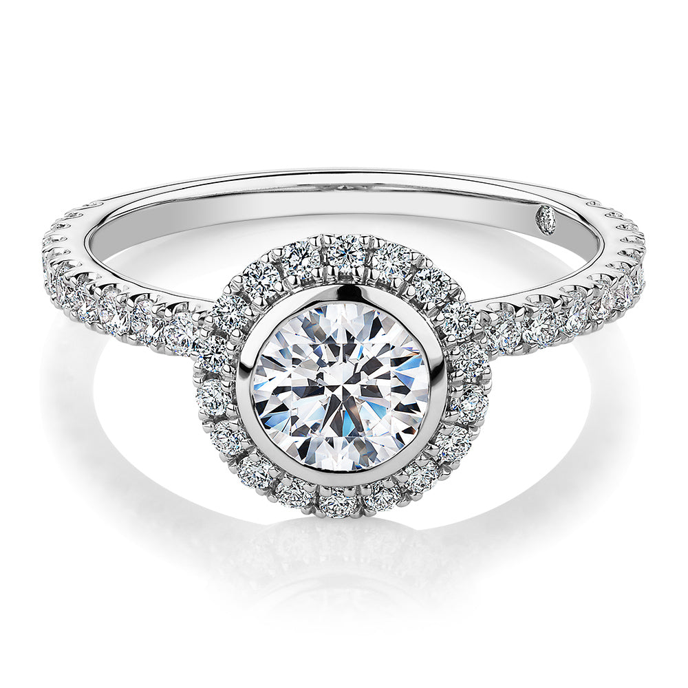 Signature Simulant Diamond 1.40 carat* TW round brilliant halo engagement ring in 14 carat white gold