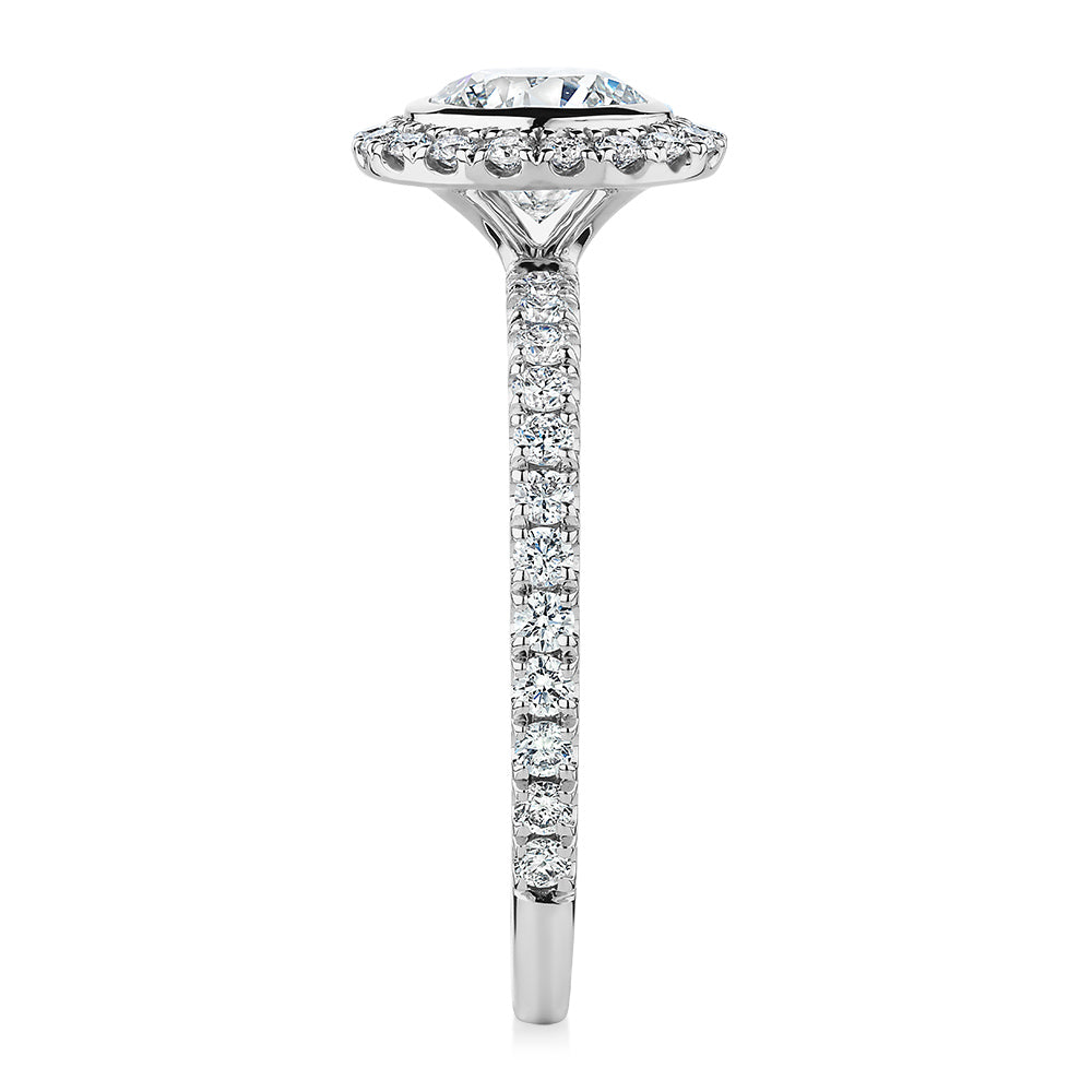 Signature Simulant Diamond 1.40 carat* TW round brilliant halo engagement ring in 14 carat white gold