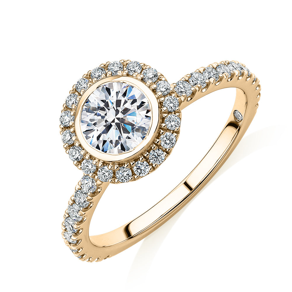 Signature Simulant Diamond 1.40 carat* TW round brilliant halo engagement ring in 14 carat yellow gold