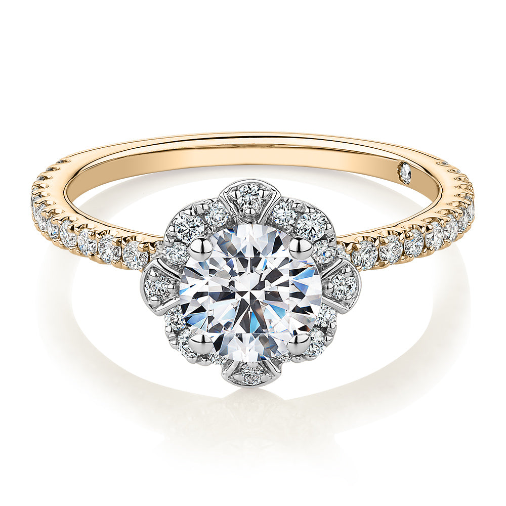 Signature Simulant Diamond 1.40 carat* TW round brilliant halo engagement ring in 14 carat yellow and white gold