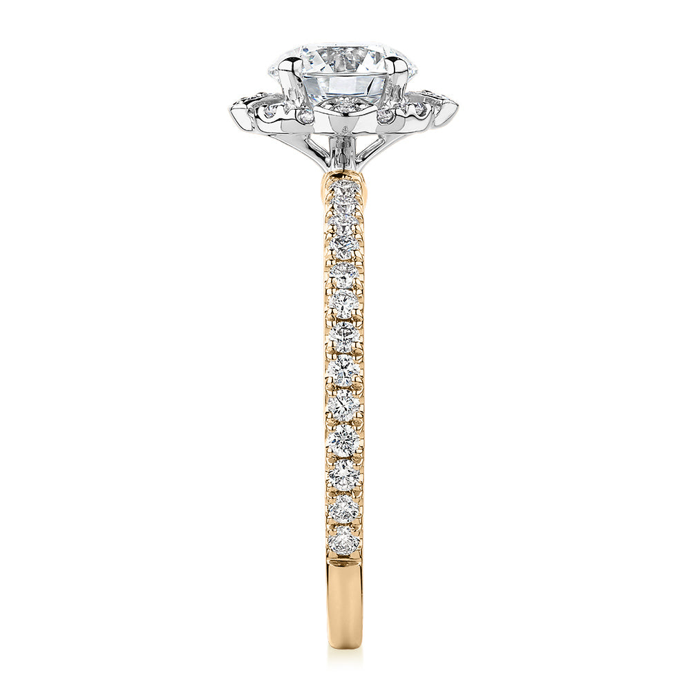 Signature Simulant Diamond 1.40 carat* TW round brilliant halo engagement ring in 14 carat yellow and white gold
