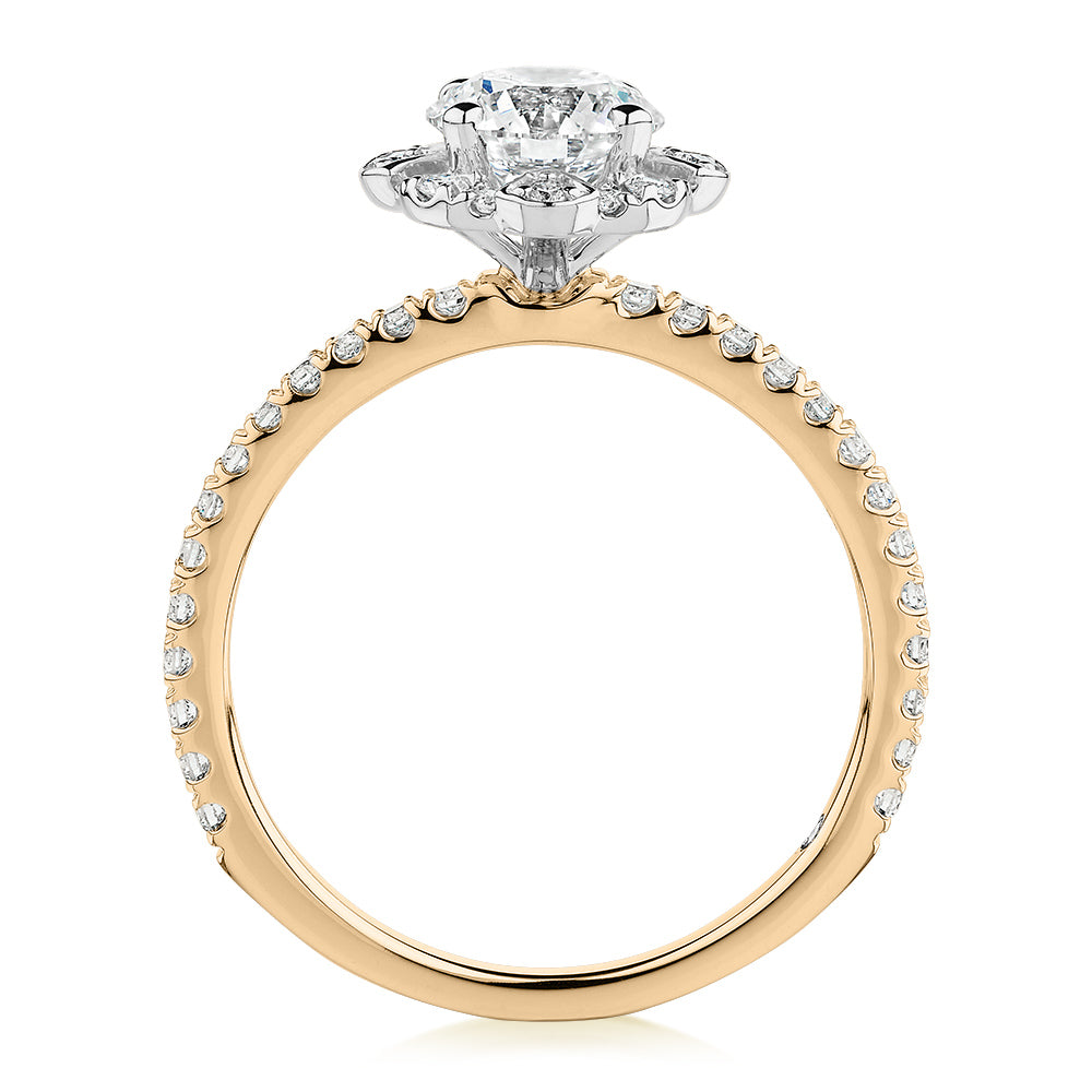 Signature Simulant Diamond 1.40 carat* TW round brilliant halo engagement ring in 14 carat yellow and white gold