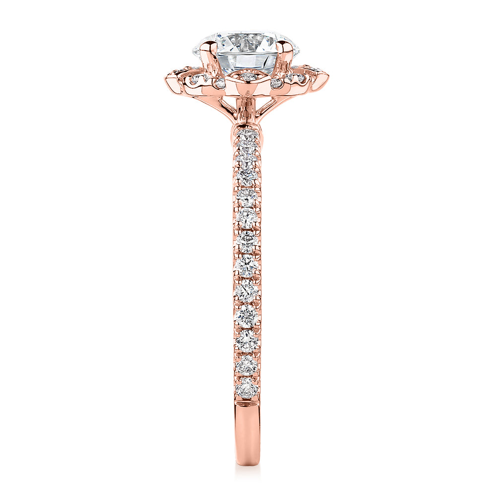 Premium Certified Laboratory Created Diamond, 1.40 carat TW round brilliant halo engagement ring in 14 carat rose gold