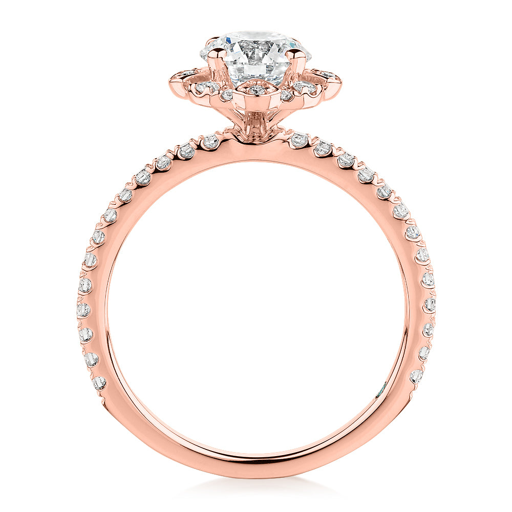 Premium Certified Laboratory Created Diamond, 1.40 carat TW round brilliant halo engagement ring in 14 carat rose gold