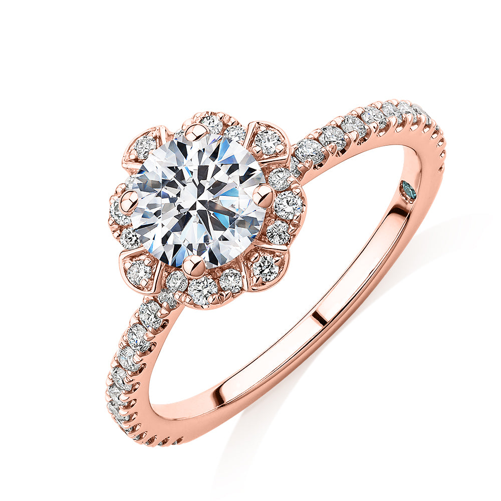 Premium Certified Laboratory Created Diamond, 1.40 carat TW round brilliant halo engagement ring in 18 carat rose gold