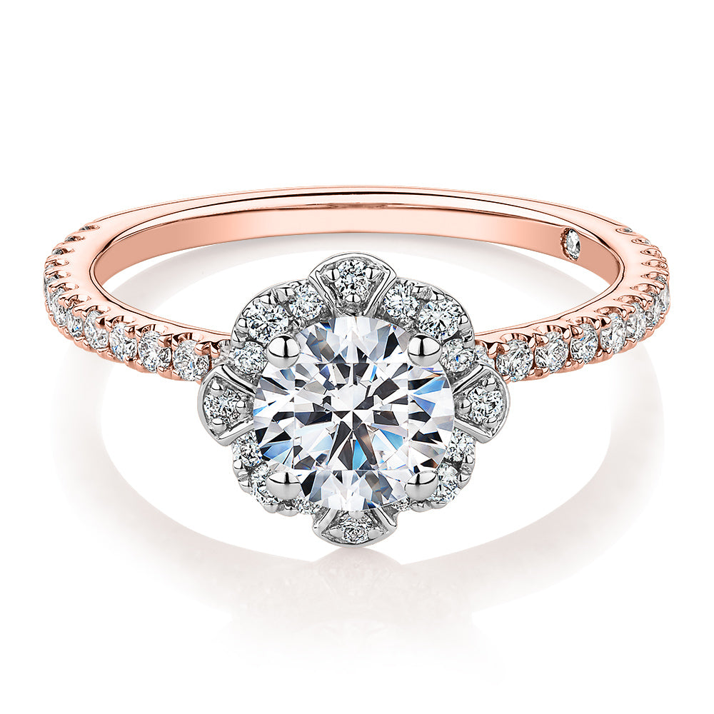Signature Simulant Diamond 1.40 carat* TW round brilliant halo engagement ring in 14 carat rose and white gold