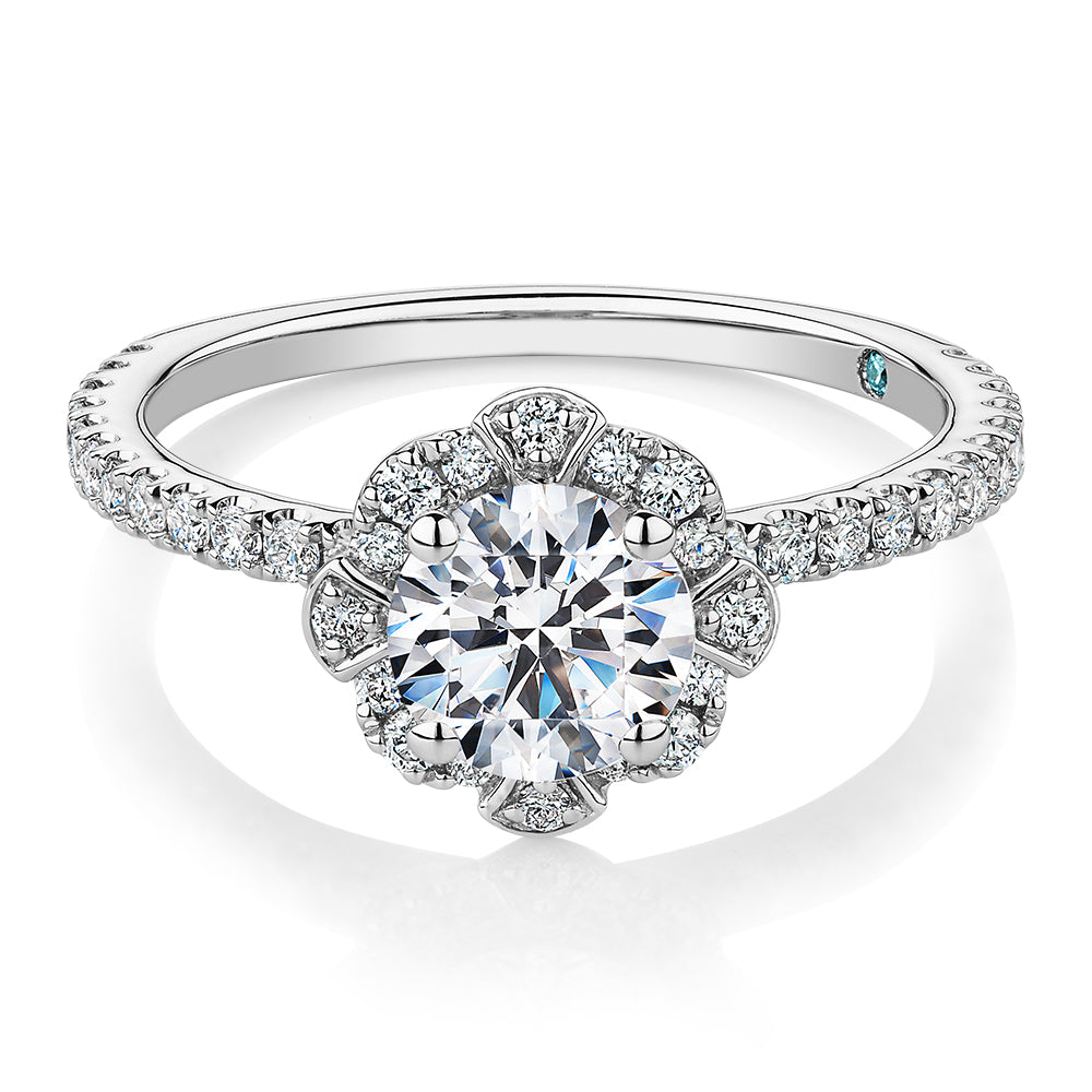 Premium Certified Laboratory Created Diamond, 1.40 carat TW round brilliant halo engagement ring in 14 carat white gold