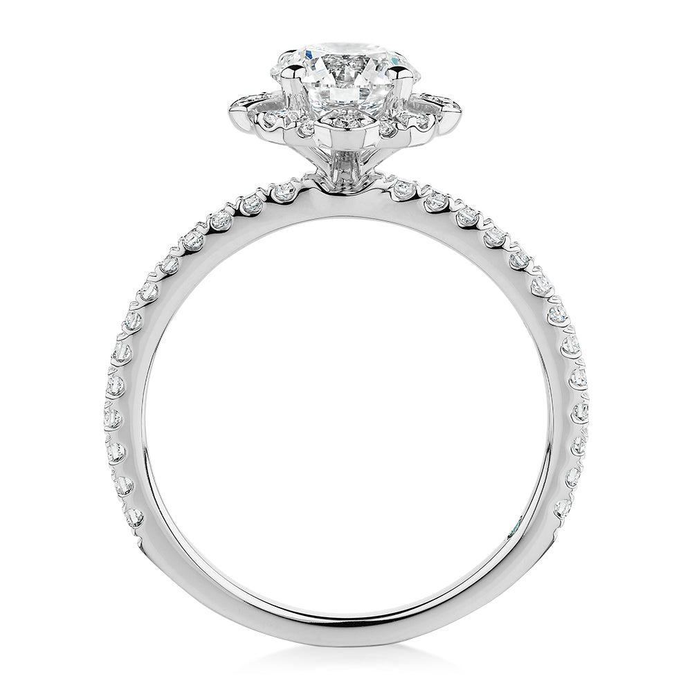 Premium Certified Laboratory Created Diamond, 1.40 carat TW round brilliant halo engagement ring in 14 carat white gold