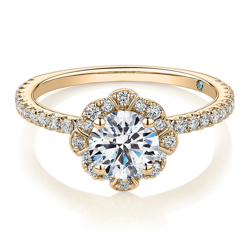 Premium Certified Laboratory Created Diamond, 1.40 carat TW round brilliant halo engagement ring in 14 carat yellow gold