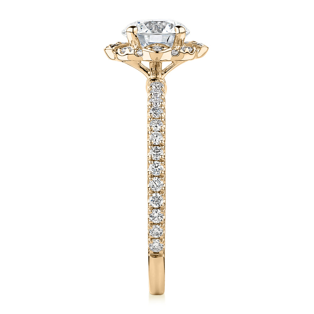 Premium Certified Laboratory Created Diamond, 1.40 carat TW round brilliant halo engagement ring in 14 carat yellow gold