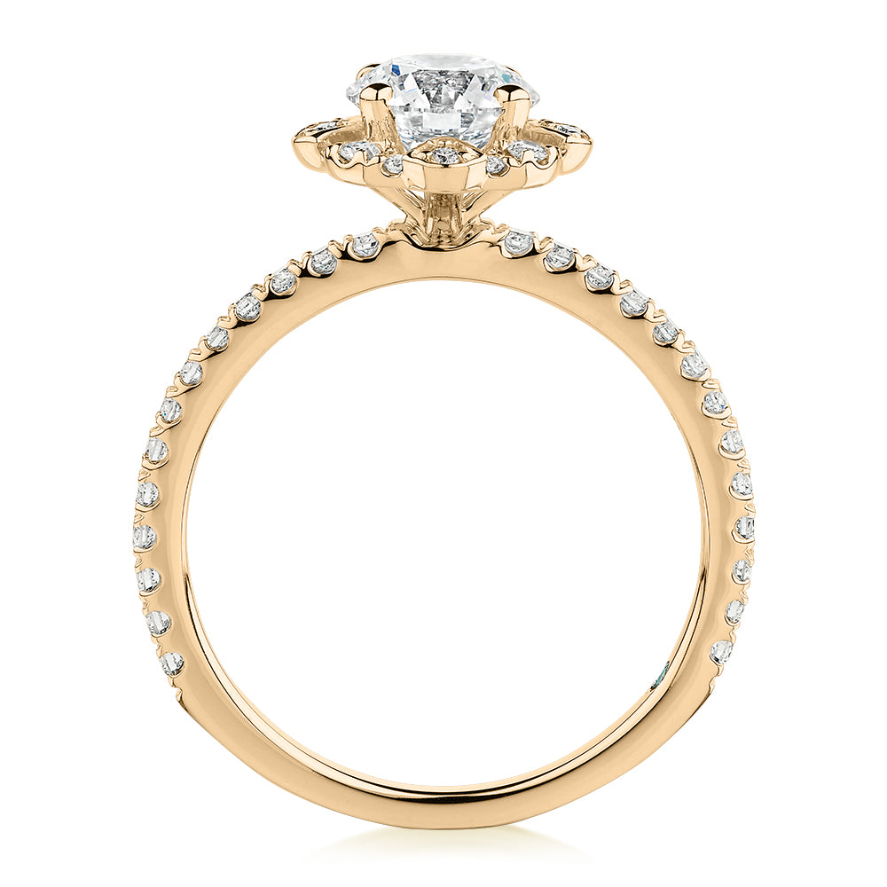 Premium Certified Laboratory Created Diamond, 1.40 carat TW round brilliant halo engagement ring in 14 carat yellow gold