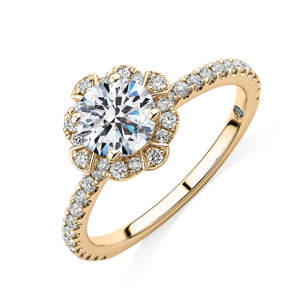 Premium Certified Laboratory Created Diamond, 1.40 carat TW round brilliant halo engagement ring in 14 carat yellow gold