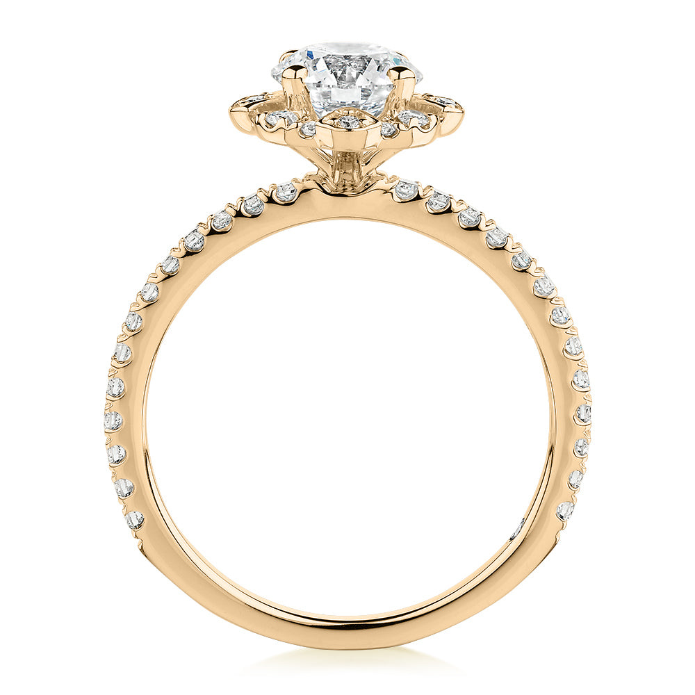 Signature Simulant Diamond 1.40 carat* TW round brilliant halo engagement ring in 14 carat yellow gold