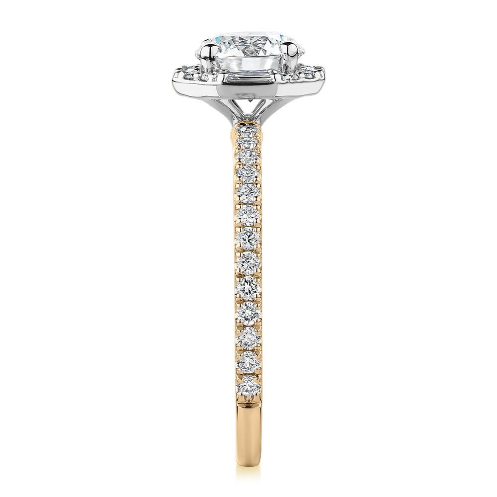 Signature Simulant Diamond 1.40 carat* TW round brilliant halo engagement ring in 14 carat yellow and white gold